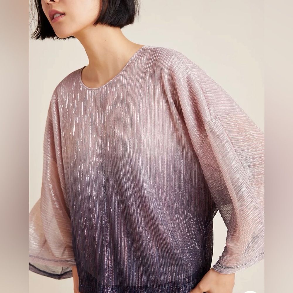 NWT Anthropologie Serena Metallic Ombre Pleated Blouse. Mauve pink to grey. Sz S